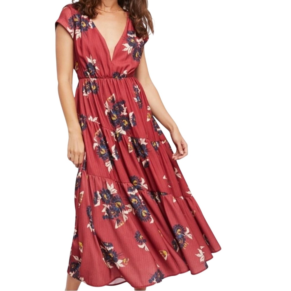 Free People Maxi Dress Womens Size 0 Burgundy Red Floral Butterfly Tiered V-Neck